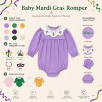 Combinaison bébé à col brodé fleur de lys Mardi Gras 100% coton certifiée CPC personnalisable Puresun, pour enfant de 1 à 6 ans