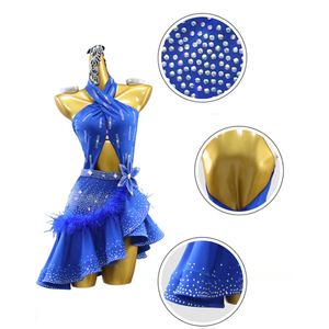 Robe de danse latine personnalisable en Spandex pour femmes, avec strass thermocollés, <span class=keywords><strong>col</strong></span> halter et jupe ajourée, idéale pour les compétitions. - Product Image 6