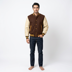 Veste universitaire à empiècements contrastés, toucher doux, tissu 100% coton respirant, col montant, logo sur le devant, design côtelé classique pour homme - Product Image 1