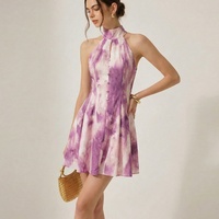 Robe Courte en Mousseline Tie-Dye Y2K Sans Manches, Col Halter Élégant, Coupe Trapèze, Style Vintage Quotidien Printemps-Été-Automne