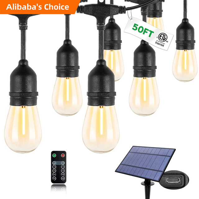 48ft 15 Bulbs Flexible Solar String Lights Waterproof IP65 Rated Outdoor Powered Dimmable Patio Garden Wedding Christmas Holiday
