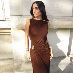 Y0676 Robe moulante sexy pour <span class=keywords><strong>femme</strong></span>, ornée de détails métalliques, à volants, sans manches - Product Image 3