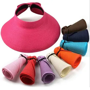 Fournisseurs personnalisé coloré simple style fille grand bord papier paille été visière chapeau femmes plage soleil couvre chapeau haut de forme ouvert