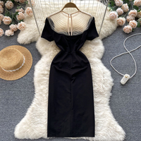Robes d'été élégantes pour femmes 2026, coupe trapèze, longueur genou, col rond, manches courtes en dentelle, polyester/coton, infroissable, respirante