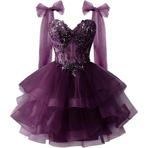 S0743Y 2026 Nuevo <span class=keywords><strong>Vestido</strong></span> Corto de <span class=keywords><strong>Fiesta</strong></span> para Adolescentes con Apliques de Encaje Brillante y Tirantes de Lazo, Vestidos de Noche/Party - Product Image 4