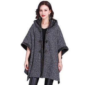 Stylish Hooded Knitted Cloak with Faux Fur Trim Open Front 3 Buttons Cape Casual Batwing Shawl for Dating Friends Gathering - Product Image 3