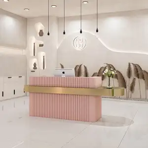 Luxury Beauty Hair Salon Small Pink Front Table Gold Stainless Steel Cashier Desk Wooden Reception Counter