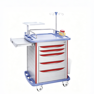 Table d'hôpital de haute qualité en acier inoxydable, plateau concave double couche, 48 compartiments par tiroir, 5 tiroirs, 4 roulettes, design moderne, sécurisée - Product Image 1