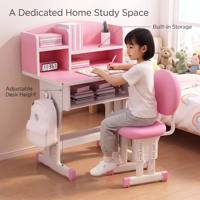 Table d'étude pour enfants réglable en hauteur, ensemble bureau et chaise pour enfants avec étagère, table d'apprentissage à domicile avec rangement