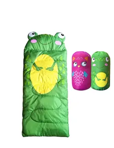 Çocuklar için tek dış mekan kamp uyku tulumu sevimli kurbağa şeklinde su geçirmez Polyester yaz zarf tarzı içi boş elyaf dolum