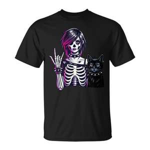 Camiseta Punk Girl With Cat Goth Skeleton de algodón negro unisex mediano - Product Image 1