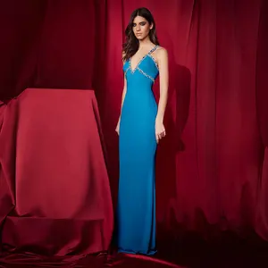 C3489 Factory Direct Boutique Women's Bandage Dresses Blue V-Neck Suspender Diamonds Elegant Evening Women Maxi Dress