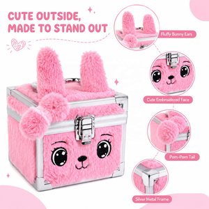 Boîte de beauté avec miroir LED réglable à cadre en aluminium, design lapin mignon en fausse fourrure rose pâle, cadeau d'anniversaire pour adolescents et enfants - Product Image 6