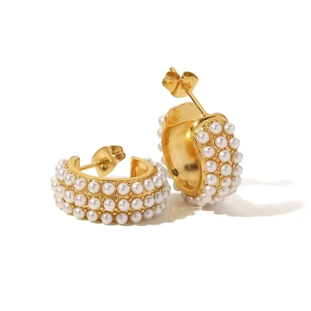 trendy jewelry 2023 c shape fadeless earrings stainless steel 18k gold plated pearl stud earrings