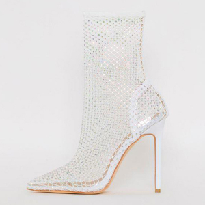 Bianco Punta a punta stivaletti per Le Donne Sottile Tacco Alto Slip-on Della Maglia Superiore di Estate Scarpe di Strass Ornamento A Rete caricamento del Sistema della caviglia - Product Image 2