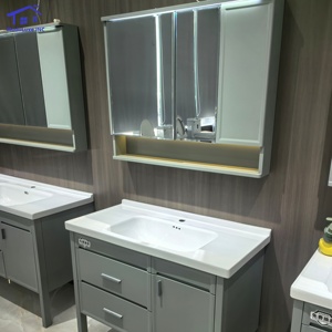 Meuble de salle de bain gris avec miroir intelligent, lavabo blanc, armoire murale - Product Image 4
