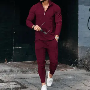 Premium nueva moda Casual hombres logotipo personalizado sólido manga larga Polo Jersey pantalones de chándal media cremallera soporte cuello deporte conjunto
