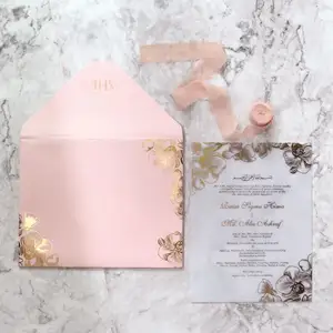 De gama alta de acrílico blanco dos-color estampado en caliente de tarjeta de invitación de boda con estampado en caliente sobre rosa
