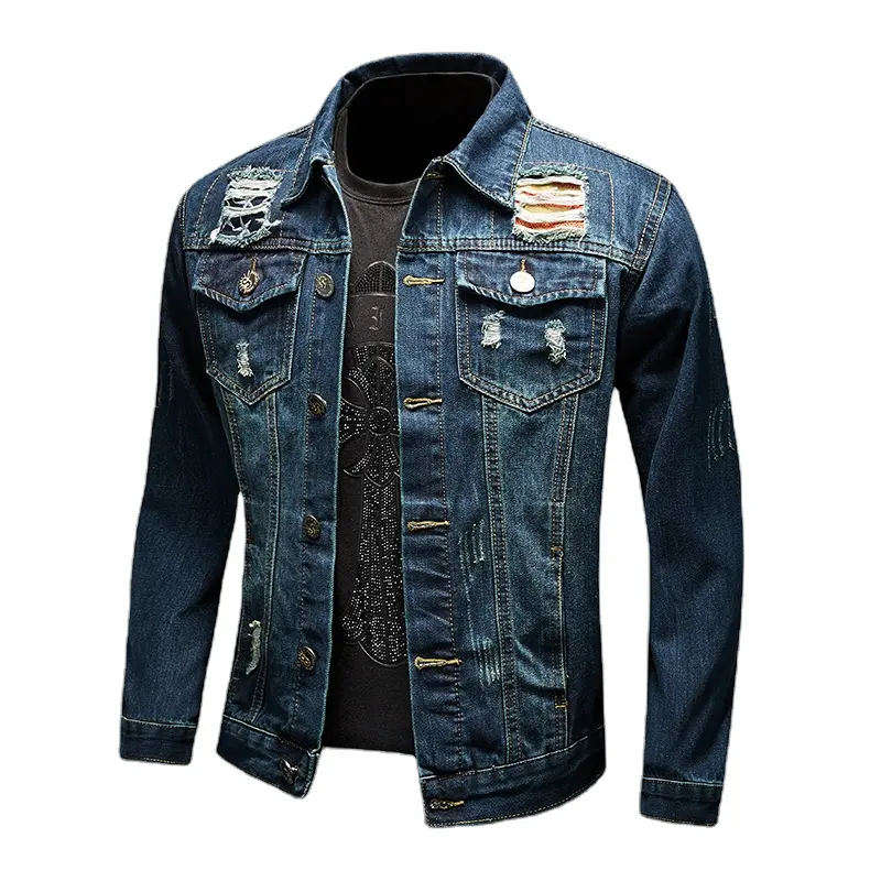 Custom Fashion Men's Long Sleeve Street Wear Vintage Washed Ripped Embroidery Denim Jean Jacket