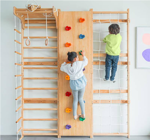 木製クライミングフレームジムセット キッズ用 カバー付きスウェーデン式梯子壁 子供用ロッククライミング ジャングルジム 屋内遊具 - Product Image 2