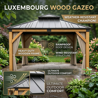Gazebo en bois de cèdre massif avec toit rigide et rideaux d'intimité, pavillon en bois résistant aux intempéries pour patio et jardin