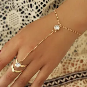 Bohemian Vintage Gold Clear Crystal Arm Link Ornaments Wrist Chain Jewelry Versatile Diamond Rhinestone Arrow Bracelet Ring
