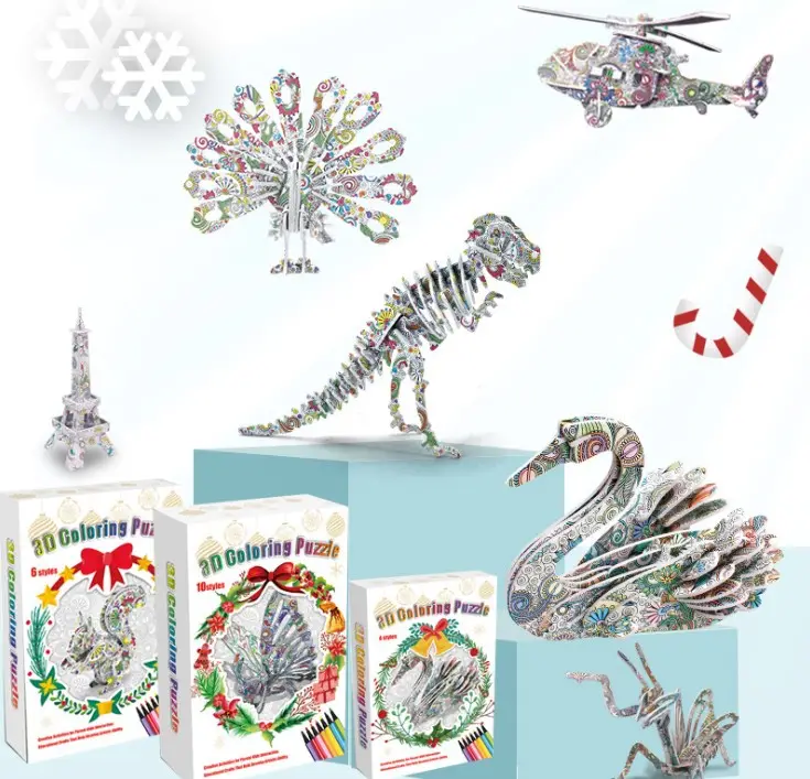 Dmd — Puzzle de coloriage en papier 3D, Puzzle avec 4 animaux, avec 12 feutres, peinture artistique, pour enfants de 7, 8, 9 ans