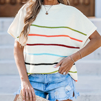Pull tricoté coloré à rayures respirant 100 % polyester pour femme, col rond, manches courtes, coupe ample, décontracté, ajouré, pull-over classique