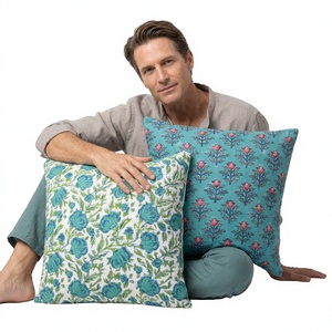 Square Floral Printed Cushion Cover 100% Cotton Handmade Block Print Throw Pillow Cover Decorative <b>Sofa</b> Cushion Case - Product Image 1