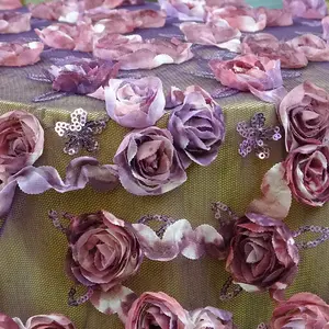 2021 Hot Selling New 3D Bead Embroidery Mesh Rose Flower Lace Fabric Luxury Rosette Table Cloth For Wedding Cake Table