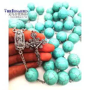 Nossa Senhora do Rosário Guadalup Pinestone 16 milímetros Turquesa Beads Chain Link Colar com Cruz Promoção Religiosa Do Vintage