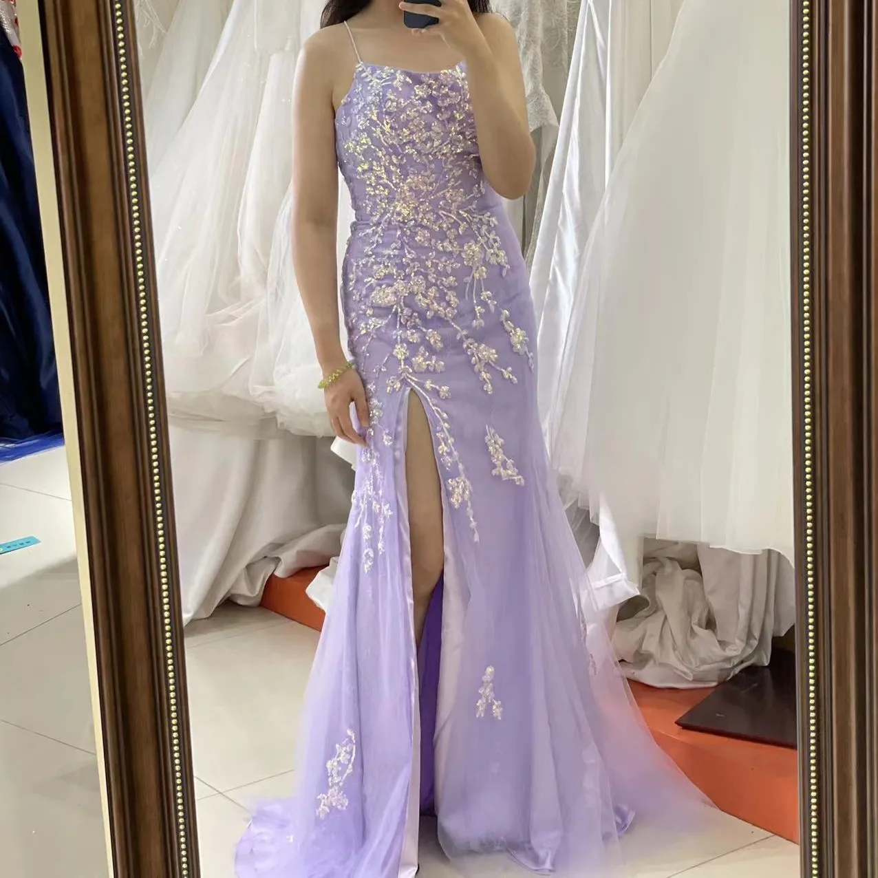 Lilac sexy 2023 New 3D lace embroidery sleeveless mermaid fitted lace up back high slit prom dress