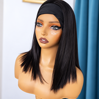 Perruque bandeau sans colle en cheveux humains vierges, sans dentelle, lisse, noir naturel, avec bande en soie glacée, prête à porter