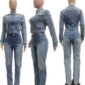 Completo Due Pezzi Stile Jeans con Tasche Colorate, Outfit in Denim per Donne, Abbigliamento Casual Elasticizzato alla Moda - Product Image 2