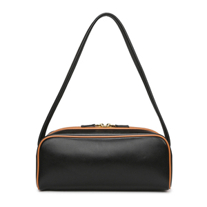 Sac fourre-tout personnalisé <span class=keywords><strong>en</strong></span> <span class=keywords><strong>cuir</strong></span> PU pour femme, noir avec finition marron, double compartiment, fermeture éclair, sac à bandoulière, kit de quincaillerie dorée - Product Image 2