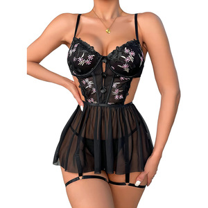 Conjunto de Corsé de Encaje Bordado Negro con Tirantes de Liguero, Lencería Sexy para Mujer, Ropa de Dormir, Ropa Interior de Moda - Product Image 3
