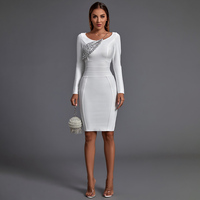 Ocstrade 2024 automne femmes robe découpée blanc à manches longues robe de soirée décolleté pailleté avec des chaînes brillantes robe mi-longue bandée