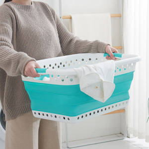 Collapsible Laundry Basket Rectangle Blue And Dark Gray Foldable Clothing Organizer Storage Basket For Bathroom Portable Use - Product Image 2