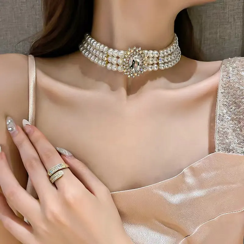 Kalung berlian kristal mutiara banyak baris, Set perhiasan mutiara Retro Choker gaya Eropa dan Amerika Serikat