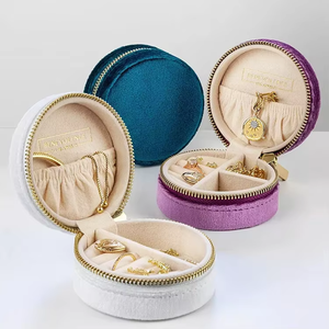 Boîte à bijoux ronde en velours avec doublure en faux daim, fermeture éclair, anti-poussière, rose, organiseur de rangement de voyage - Product Image 4