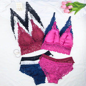 Wholesale Sexy Deep V Lace Bralette and Panties <strong>Set</strong> Non-Wired Scalloped Edge Lingerie Multi-Color Women <strong>Underwear</strong> - Product Image 2