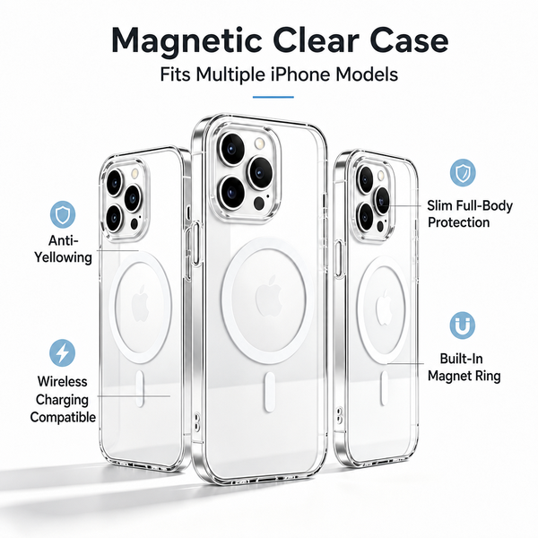 Magnetic TPU+PC Clear Protective Case for 18/16 Pro Max Wireless Charging Compatible Full Body Slim Design Shockproof