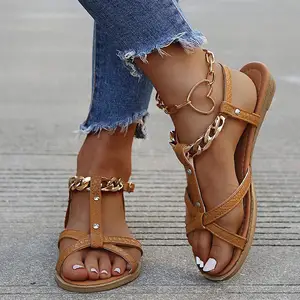 Sandalias de PU de lujo para mujer, zapatos informales con correa en el tobillo, a granel, para verano y playa