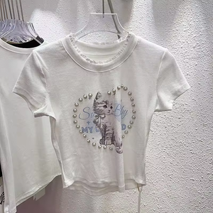 Tratti di verde. T-Shirt Estiva da Donna, Abbigliamento Primaverile con Perle e Cuori, Manica Corta Aderente, <span class=keywords><strong>Top</strong></span> Casual in Pizzo - Product Image 3