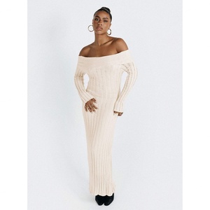 Nouvelle robe longue sexy à épaules dénudées pour femmes européennes et américaines, automne 2023, robe longue à manches longues en tricot - Product Image 2