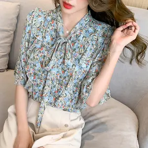 Camisas estampadas florais femininas, blusa casual para mulheres, meia manga, laço, gola coreana, doce, verão 2022