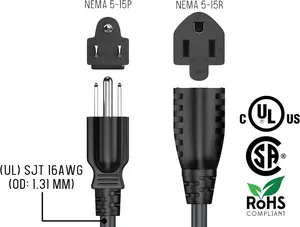 Prong Plug Cable 3pin 10A/13A/15A AC Cords Electric Lead IEC C13 US Power Cord USA Factory Direct Approved 3 Pin Black 3 Outlets