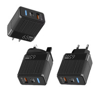 Pengisi Daya Dinding 2-Port USB-C GAN 65W Pengisian Cepat 3.0 untuk Ponsel dengan Colokan EU/US/UK Produk 3-in-1