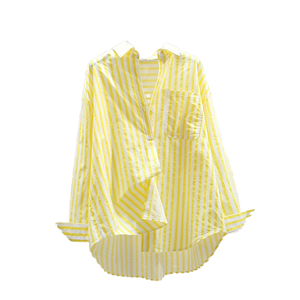 <b>Women's</b> Vintage Striped Commuter Blouse 2025 Summer <b>Polo</b> Neck <b>Long</b> <b>Sleeve</b> Loose Casual Woven Shirt Breathable Simple for Spring - Product Image 1