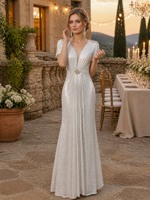 Robe de mariée en sequins argentés, décolleté plongeant en V, insert en maille transparente, corsage perlé, manches courtes, coupe trapèze, longueur ras du sol, vente en gros